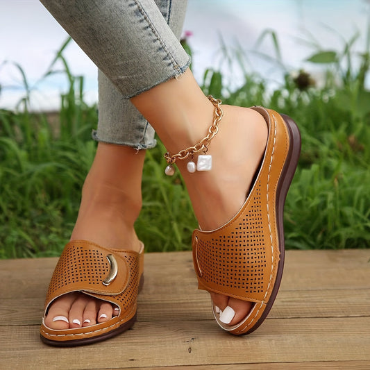 Women's Fan-shaped Wedge Sandals, Slip On Solid Color Soft-sole Breathable Slides Shoes, Comfy Summer Daily Shoes