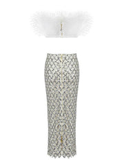 Ansley Strapless Feather Mesh Skirt Set In White