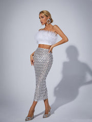 Ansley Strapless Feather Mesh Skirt Set In White