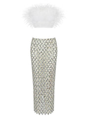 Ansley Strapless Feather Mesh Skirt Set In White