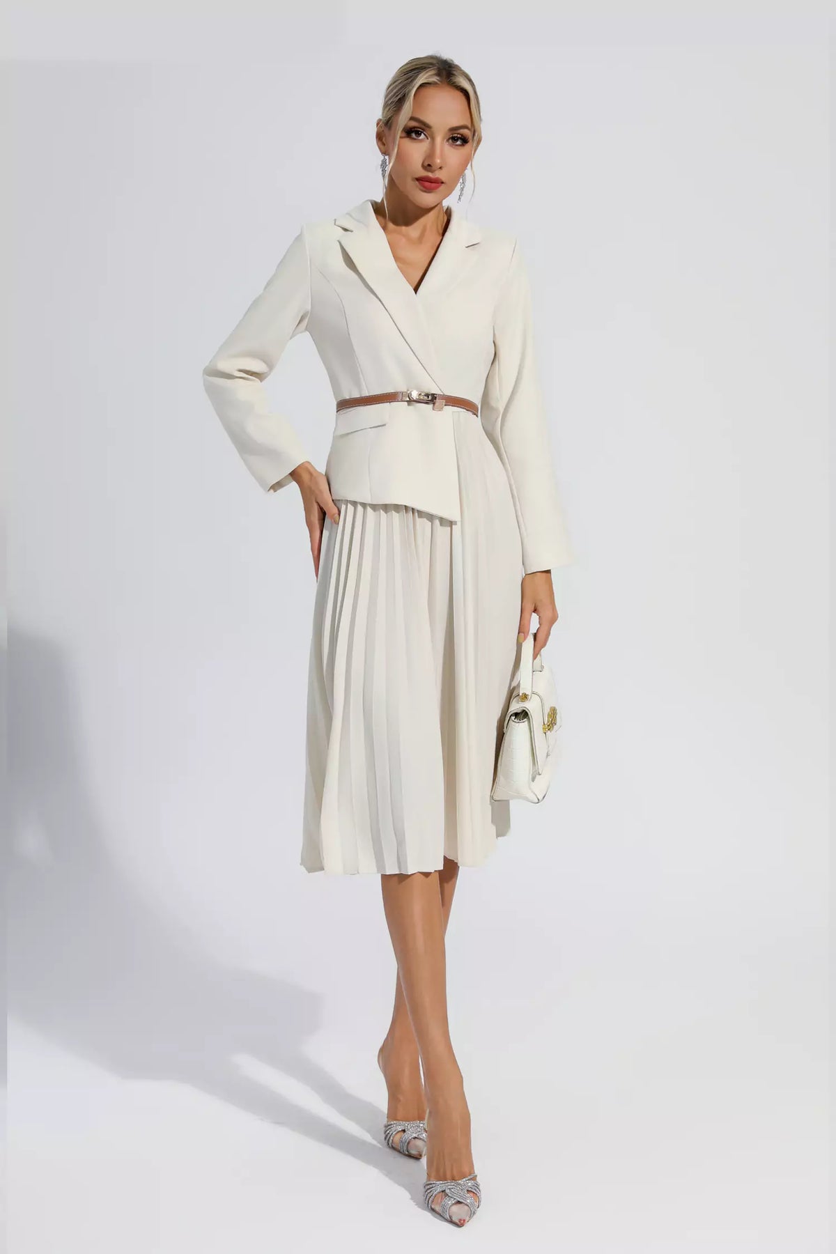 Dylan Beige Ruched Blazer Midi Dress