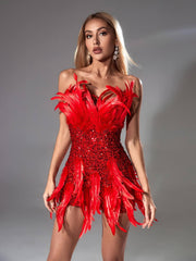 Eleri Strapless Sequin Feather Mini Dress