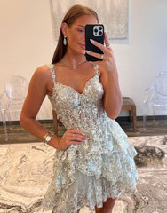 Gorgeous Sparkly Off The Shoulder A-Line Tiered Short Homecoming Dress