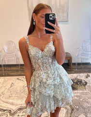 Gorgeous Sparkly Off The Shoulder A-Line Tiered Short Homecoming Dress