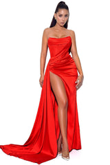 Haliya Crystallized Corset High Slit Gown - Red