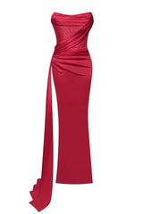 Haliya Crystallized Corset High Slit Gown - Red