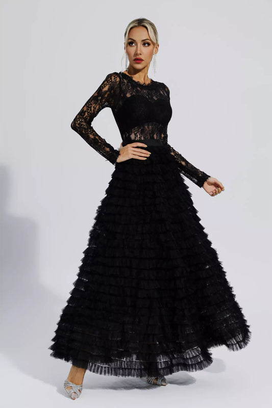 Jayleen Black Hollow Lace A-line Maxi Dress