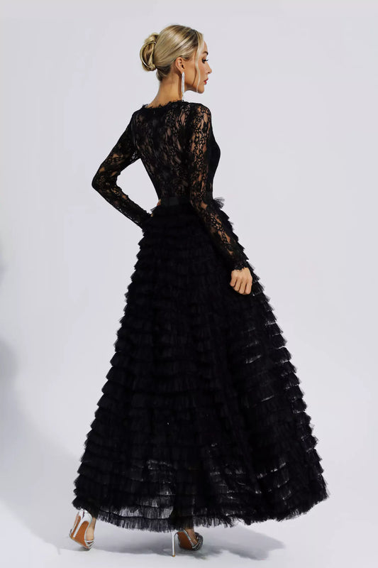 Jayleen Black Hollow Lace A-line Maxi Dress