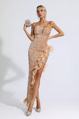 Kira Champagne Sequin Feather Dress