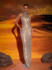 Liora Sequin Crystal Maxi Dress In Light Nude