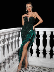 Lois Strapless Sequin Feather Trimmed Maxi Dress In Emerald