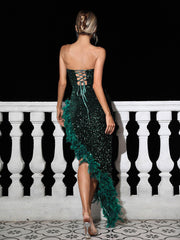 Lois Strapless Sequin Feather Trimmed Maxi Dress In Emerald