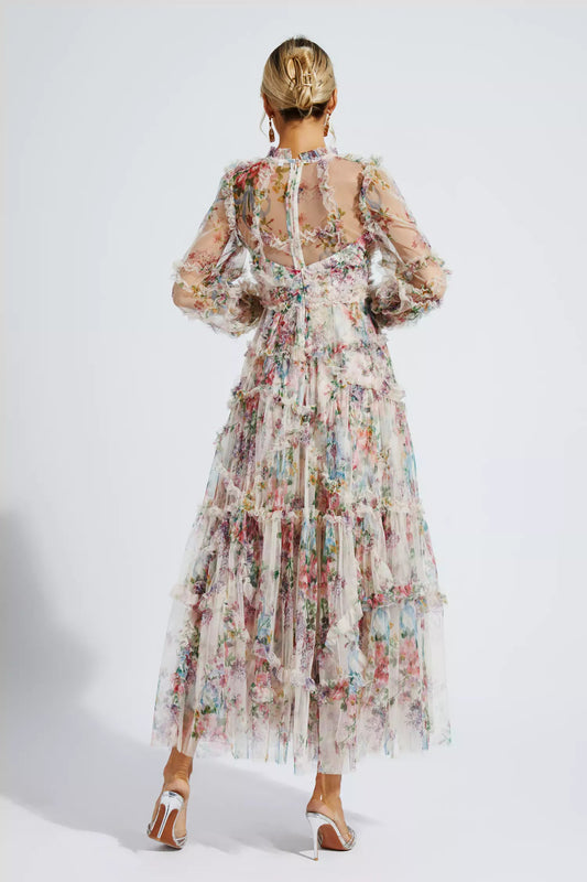 Saige Apricot Floral Long Sleeve Maxi Dress