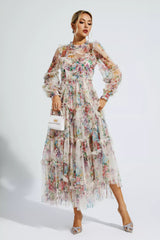 Saige Apricot Floral Long Sleeve Maxi Dress