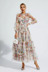 Saige Apricot Floral Long Sleeve Maxi Dress