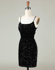 Sparkly Sequin Spaghetti straps Corset Back Tight Homecoming Dress