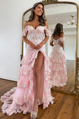 Gorgeous Off The Shoulder Mermaid Glitter Prom Dress With Appliques And Split