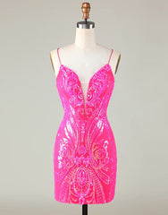 Trend Hot Pink Lace Up Tight Glitter Homecoming Dress