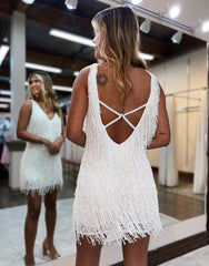 Pretty V-Neck Cross Back Mini Homecoming Dress With Tassel