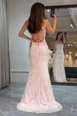 Sweet Pink Spaghetti Straps Lace Up Long Mermaid Prom Dress With Split