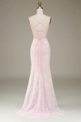 Sweet Pink Spaghetti Straps Lace Up Long Mermaid Prom Dress With Split