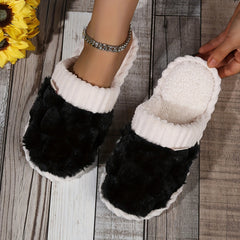 Colorblock Faux Fur Slippers, Casual Slip On Plush Lined Shoes, Comfortable Indoor Home Slippers