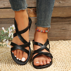 Women's Flat Roman Style Sandals, Cross Strap Open Toe Elastic Strap Shoes, Summer Slip On Beach Sandals