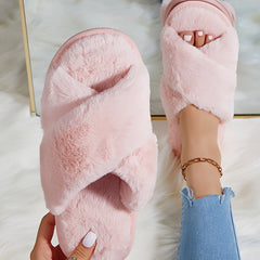 Fluffy Crisscross Band House Slippers, Solid Color Cozy Open Toe Plush Shoes, Winter Warm Home Slippers