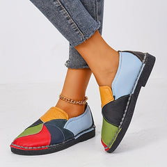 Women's Colorblock Flat Loafers, Fashion Round Toe Soft Sole Slip On Faux Leather Shoes, Casual Walking Anti-skid Shoes