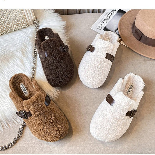 Pumps Fluffy Shoes Women's Outdoor All-Matching Fleece-Lined Warm Flat Bottom Gommino Trendy Birkenstock Lamb Wool Large Size Slippers