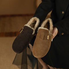 Women's Real Leather Furry Fur Lined Closed Toe Shoes Backless Slippers Camel