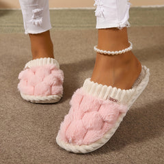 Colorblock Faux Fur Slippers, Casual Slip On Plush Lined Shoes, Comfortable Indoor Home Slippers