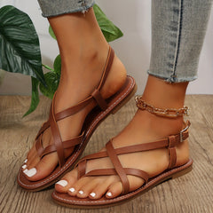 Women's Cross Strap Thong Sandals, Casual Solid Color Buckle Strap Sandals, Lightweight Beach Shoes