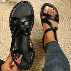 Women's Flat Roman Style Sandals, Cross Strap Open Toe Elastic Strap Shoes, Summer Slip On Beach Sandals