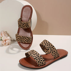 Women's Leopard Print Slide Sandals, Trendy Double Strap Flat Outdoor Shoes, Lightweight Slip On Beach Shoes