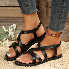 Women's Flat Roman Style Sandals, Cross Strap Open Toe Elastic Strap Shoes, Summer Slip On Beach Sandals