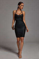 Halter Black Metallic Cocktail Dress - Black